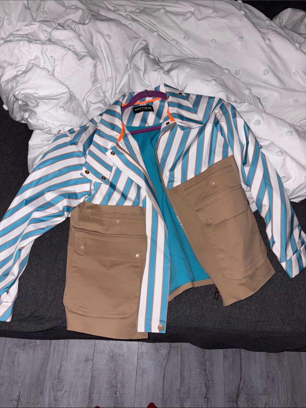 Nocturne Women's Teal & White Striped Utility Jacket with Tan Pockets